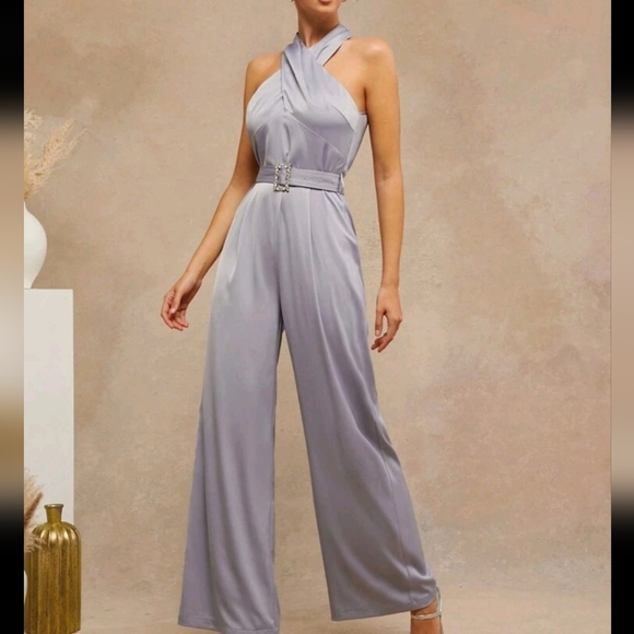 Elegant Cross Halter Straight Leg Jumpsuit With Buckle - Picture 1 of 4